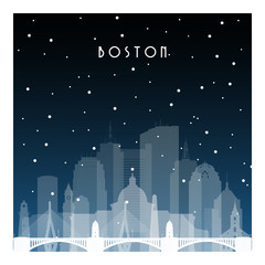 Winter night in Boston. Night city in flat style for banner, poster, illustration, game, background.