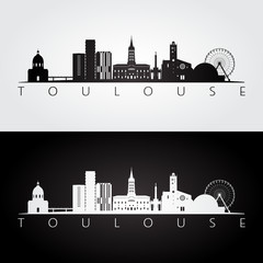 Toulouse skyline and landmarks silhouette, black and white design, vector illustration. - obrazy, fototapety, plakaty