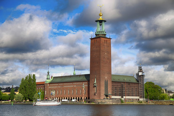 Fototapeta premium Scenic view of the City Hall from Riddarholmskyrkan, Stockholm, Sweden