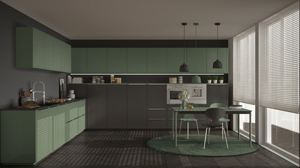 Modern kitchen with table and chairs, big windows and herringbone parquet floor, gray and myrtle green minimalist interior design