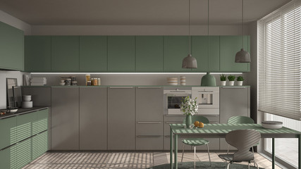 Obraz na płótnie Canvas Modern kitchen with table and chairs, big windows and herringbone parquet floor, white and myrtle green minimalist interior design