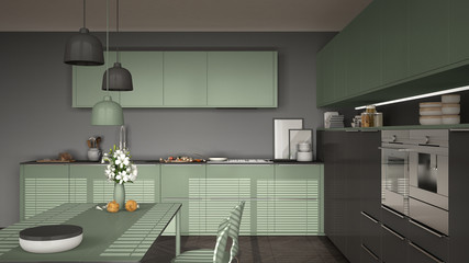 Modern kitchen with table and chairs, herringbone parquet floor, gray and myrtle green minimalist interior design
