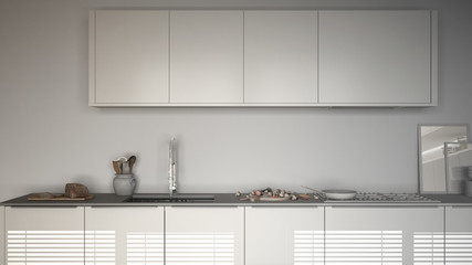 Unfinished project of modern kitchen with table and chairs, herringbone parquet floor, white minimalist interior design