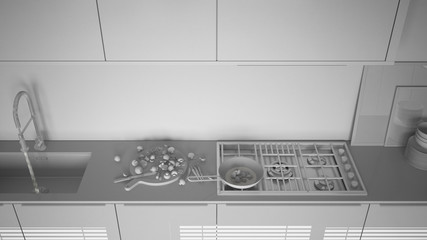 Total white project of modern kitchen with sink and stove, cooking pan and food, close-up, top view,  minimalist interior design