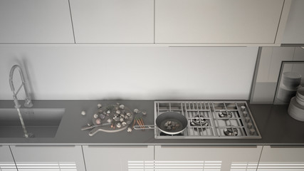 Unfinished project of modern kitchen with sink and stove, cooking pan and food, close-up, top view,  minimalist interior design