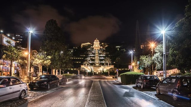 Night view of the Bahai temple in Haifa, 4k time-lapse footage