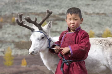 Fotobehang tsaatan boy, dressed in a traditional deel with a reindeer in a northern Mongolia © katiekk2