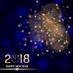 Golden lights abstract on blue ambient blurred background. New Year 2018 concept. Luxury design. Vector illustration