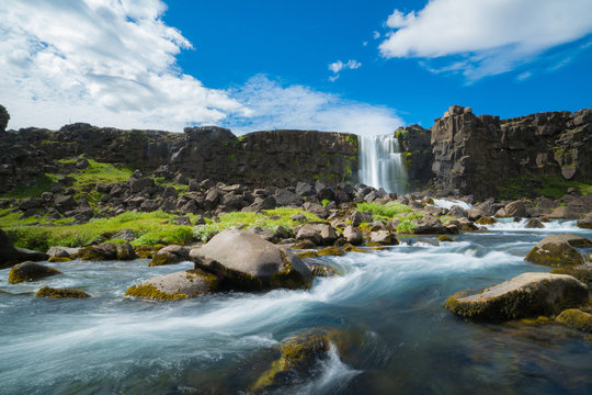 Thingvellir National Park rift valley, Waterfall into The Mid Atlantic Rift, Pingvellir, Iceland