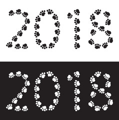 New Year 2018 figures made of dog footprints, isolated on white background. Vector illustration
