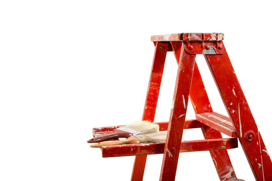 Old Red Ladder With Paint On It From Being Used Isolated Pure White Background