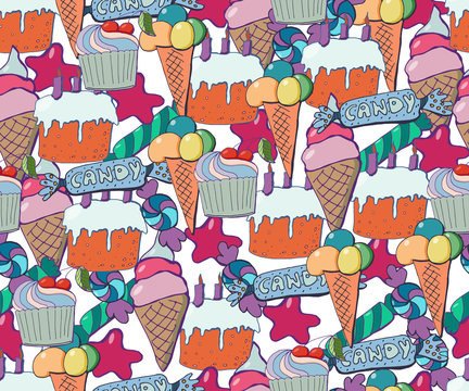 Cute  holiday seamless background. Hand drawn vector pattern with stars, baloons,  fireworks, candies, lollipops, cupcakes, ice creams, gift boxes, cocktails. Can use it for birthday party decoration.