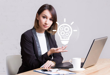 Businessman pressing button bulb idea gear engineering virtual computer network online.