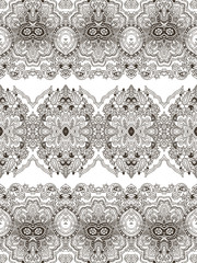 Abstract seamless geometric paisley pattern. Traditional oriental  lace  ornament. Taupe outlines on ecru background. Yoga print. Textile design.