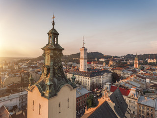 Fototapeta na wymiar Cathedral from above, aerial panoramic view. Located in Lviv, Ukraine. Sunset time, cityscape.