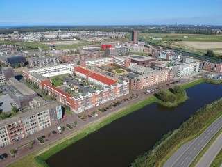 Aerial (drone) view of Europakwartier, Almere Poort, The Netherlands. The Europa kwartier is the middle of Almere Poort.