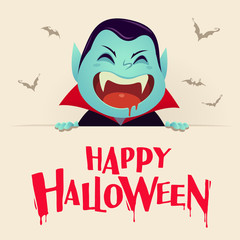 Happy Halloween. Dracula Vampire with big signboard. Retro vintage.