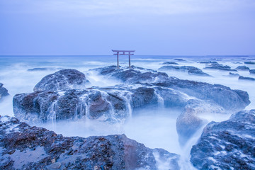 Japanese shrine gate and sea at Oarai city , Ibaraki