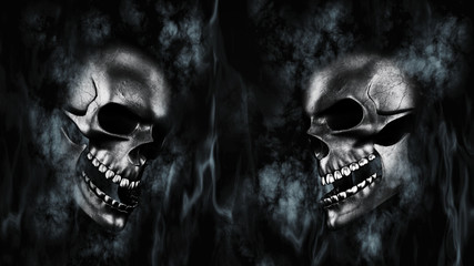 Happy Halloween. Human Skulls With Smoke And Fire 3D Rendering