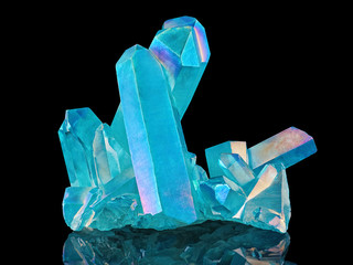 Amazing Colorful Quartz Rainbow Blue-Aqua Crystal Cluster, Closeup Macro, Isolated on Black...