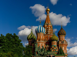 Saint Basil's Cathedral in Moscow with blue sky and clouds