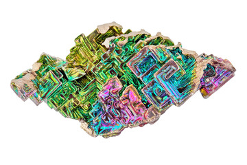 Amazing colorful rainbow Bismuth Gemstone macro closeup isolated on white background