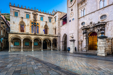 Historic square Dubrovnik city. / View at historic square in city center of famous Dubrovnik town, Croatia Europe. - obrazy, fototapety, plakaty