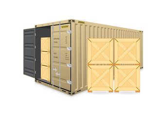 Cargo container vector isolated on white background. Metal box or equipment for storage at dock, port, warehouse. Freight transport by ship, crane, trailer truck for shipping, import export business.