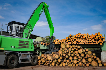 Obraz premium Forstwirtschaft, Beschickung einer Maschine mit Rundhölzern