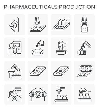 Pharmaceutical And Supplement Manufacture Industry Vector Icon. Include Capsule Pill Tablet Drug Or Medicine, Filling Bottle Package, Operator, Computer,  Robot, Automated Machine And Production Line.