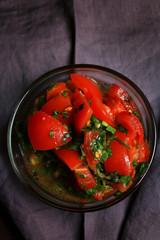 Salsa with garlic tomatoes and olive oil Flat lay, top view