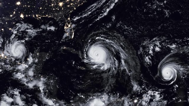 Three major hurricanes in the Atlantic basin. Hurricane Katia, Hurricane Irma and Hurricane Jose. 4K UHD animation rendered at 16-bit color depth. Prores Broadcast Quality.