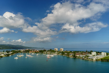 Naklejka na ściany i meble Aerial view of yacht marina at daylight in Montego Bay - Jamaica