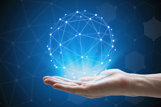 Man hand holding global network , hand holding a glowing connected