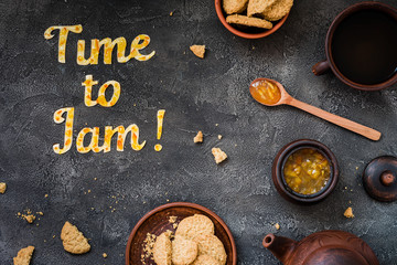 Food typography Time to Jam on dark background. Orange jam lettering. Holiday dessert concept