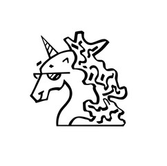 Vector illustration of head of magic unicorn in glasses. Unicorn for invitation card, ticket, branding,logo, label. Unicorn  for logotype hand drawn vector line illustration, kids book, greeting card
