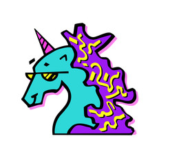 Colorful  illustration of head of magic unicorn in glasses. Unicorn for invitation card, ticket, branding, label. Unicorn  for logotype hand drawn vector line illustration, kids book, greeting card