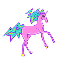 Print for t-shirt with unicorn. Fantasy magical pink unicorn,kids graphics for t-shirts. Unicorn print for sticker, patch badge. Design for children. Running unicorn patch with mane and horn isolated