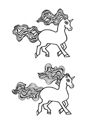 Magical animal. Black and white. Unicorn for wedding invitation card, ticket, branding, boutique logo, label. Unicorn  for logotype hand drawn vector line illustration, kids book, greeting card