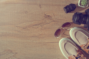 Vintage image of man traveler items. Top view with copy space, flat lay.