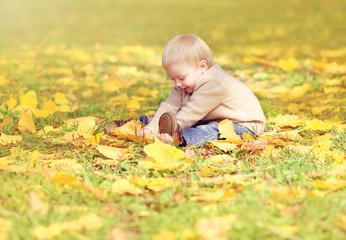 Autumn season! Happy little child sits on the grass, plays with yellow leaves in the park