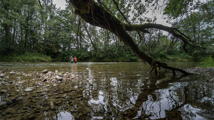 Obraz na płótnie Canvas Angler mit Wathose und Watjacke im Wasser beim Angeln mit Fliegenrute bei Regen im klaren Fluss stehend und werfend
