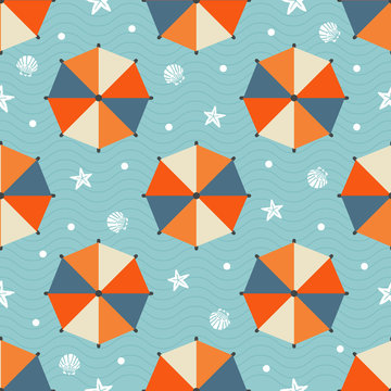 seamless summer pattern with colorful beach umbrella ,star fish,shell and  polka dot on blue wave background.