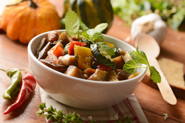 salad of vegetables cooked in the bowl - closeup
