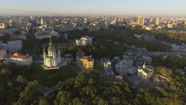 St. Andrew's Church (Kiev) Ukraine. Cityscape from a height. City panorama of Kiev. Andreevsky spusk city Kyiv.