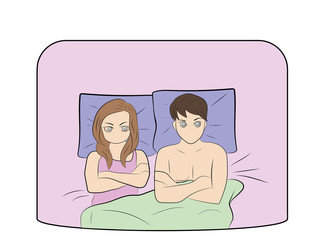 Upset young couple having marital problems or a disagreement lying side by side in bed. vector illustration