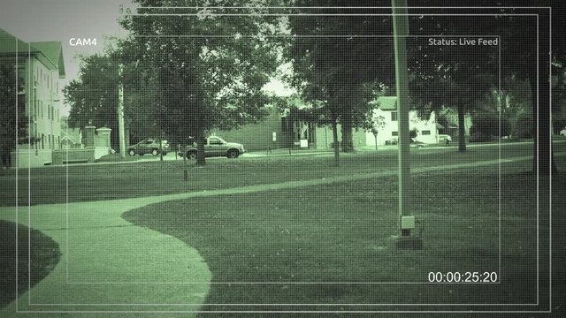Surveillance footage of a nature park near dusk in small american town