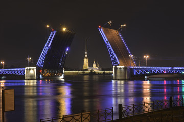 Fototapeta na wymiar Петропавловский собор в створе разведенного Дворцового моста июльской ночью. Санкт-Петербург