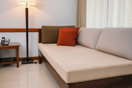 Couch in modern hotel room