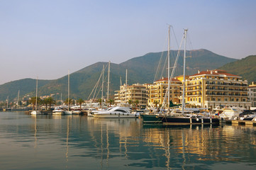 View of  Porto Montenegro - full service yacht marina in the Adriatic. Bay of Kotor, Tivat city, Montenegro